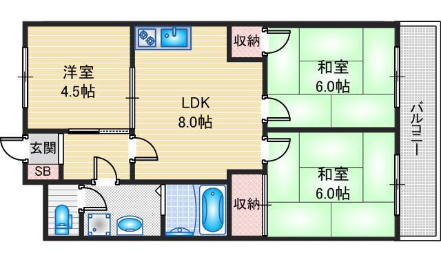 新芦屋ハイタウン(3DK/1階)の間取り写真