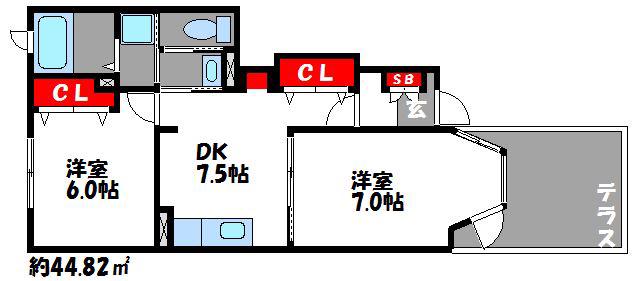 ソレイユ名島(2DK/1階)の間取り写真