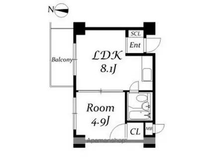 ティックハウス(1DK/4階)の間取り写真