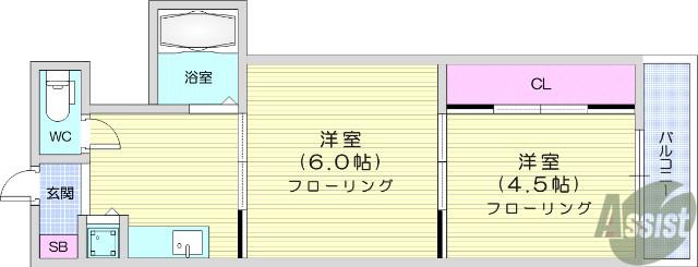 シャングリラ福沢(2DK/4階)の間取り写真
