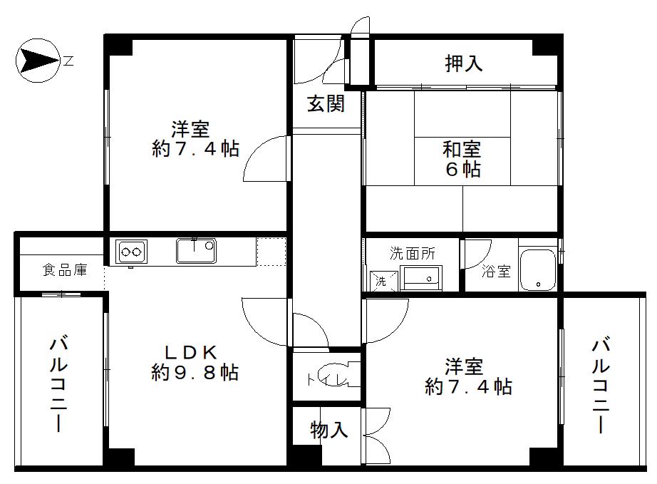 千里月見ヶ丘ハイツA棟(3LDK/4階)の間取り写真