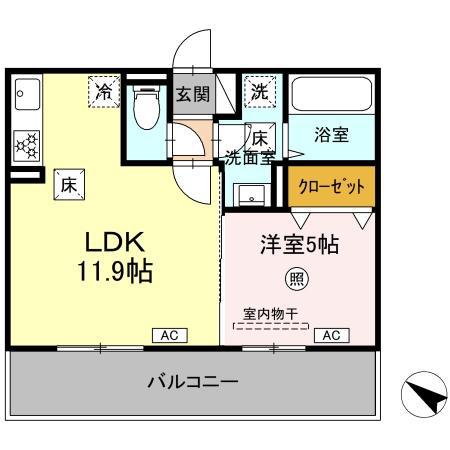 ベルイール B棟(1LDK/1階)の間取り写真