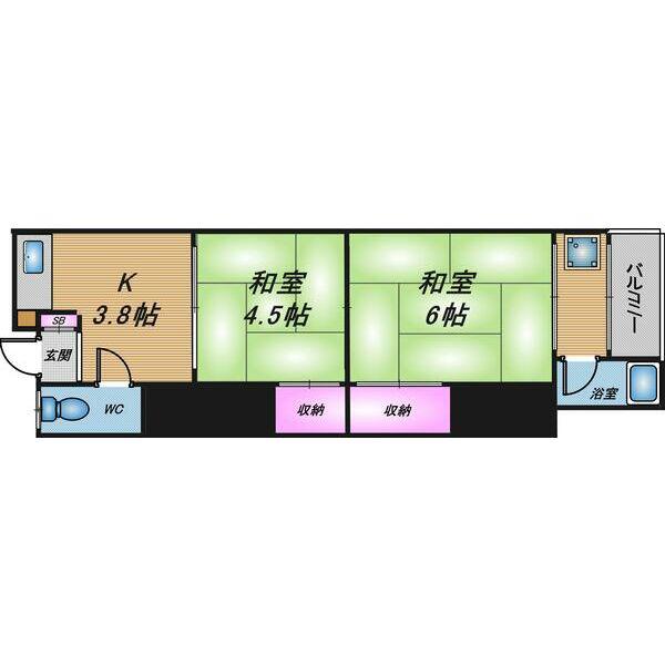 八戸ノ里文化II(2K/2階)の間取り写真