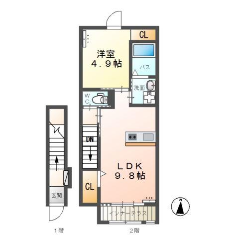 高尾崎 NEW TOWN LA・TERRE H(1LDK/2階)の間取り写真