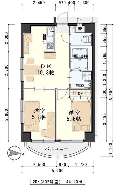 K-1二日町(2DK/8階)の間取り写真