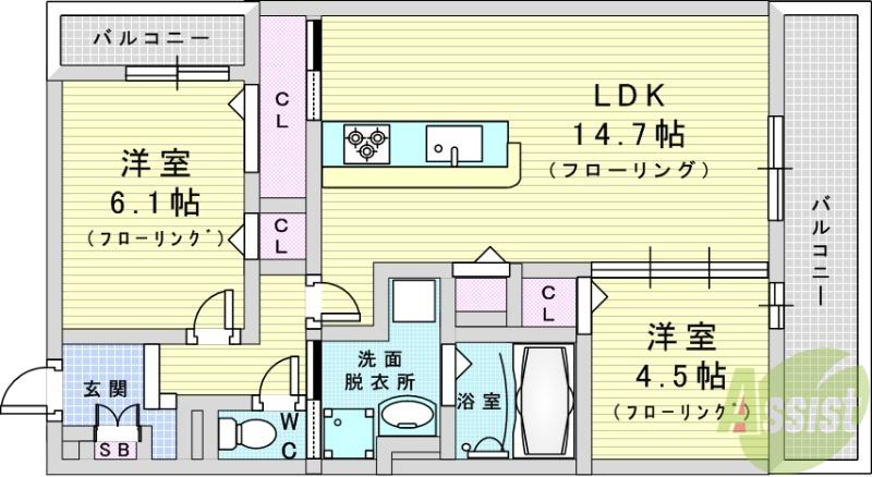 TORISIA千里丘Ⅲ(2LDK/1階)の間取り写真