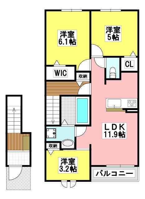 鳥飼下2丁目アパート 1棟(3LDK/2階)の間取り写真