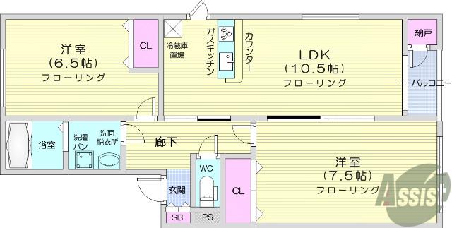 ピース11小松島(2LDK/1階)の間取り写真