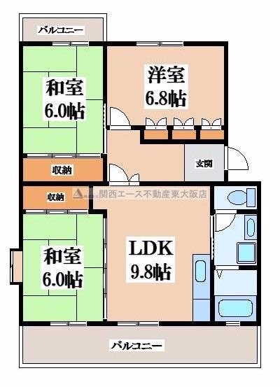 シュロス若江 (3LDK/4階)の間取り写真