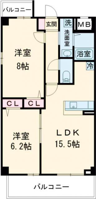 アルバグランデ三ツ矢橋(2LDK/2階)の間取り写真