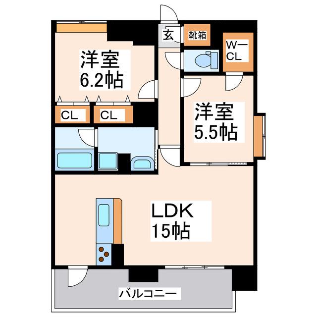 ロザリアン九品寺(2LDK/6階)の間取り写真