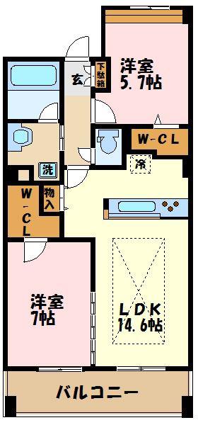 プルミエールふれあいの丘(2LDK/5階)の間取り写真