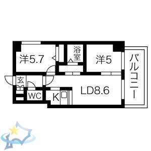リヴェール山鼻(2LDK/2階)の間取り写真