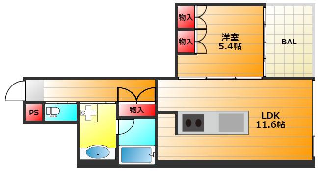 オービットステージ北堀江(1LDK/2階)の間取り写真