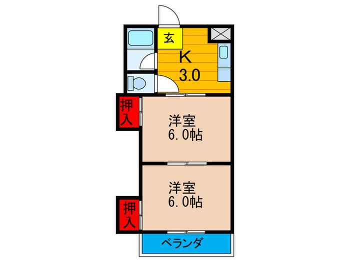 三熊ハイツ渚3号(2K/2階)の間取り写真