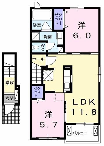 シャルール(2LDK/2階)の間取り写真