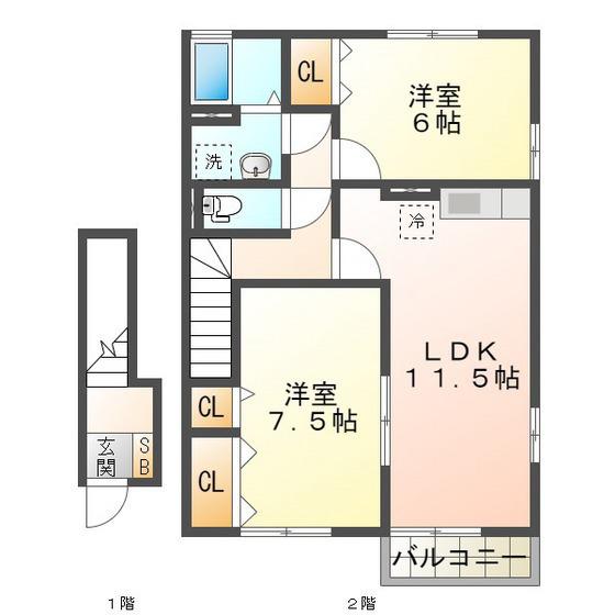 メープル・クロス・タカツカ(2LDK/2階)の間取り写真
