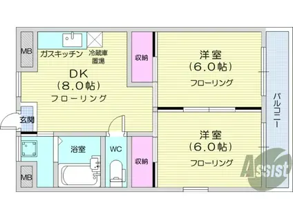 ショーヨービル(2DK/2階)の間取り写真