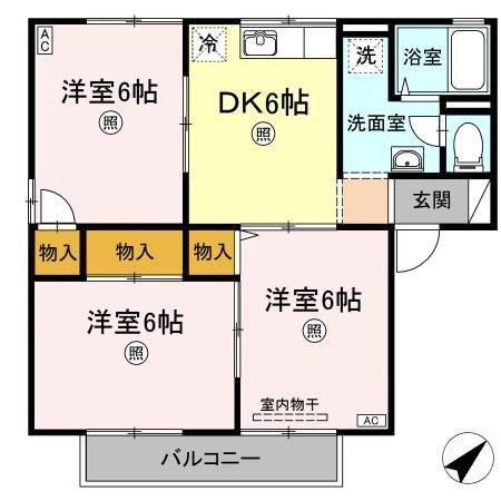 サリネージュ山手 A/B/C/D棟 A棟(3DK/2階)の間取り写真
