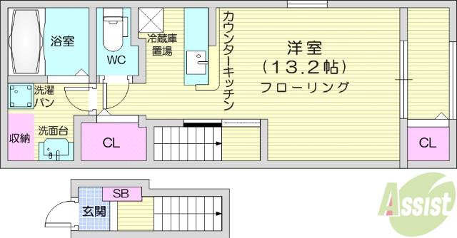 フラワーエンジェルⅡ(1K/2階)の間取り写真