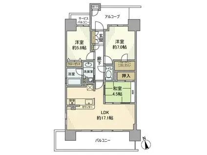 ワコーレ姫路城巽ガーデンズ(3LDK/9階)の間取り写真