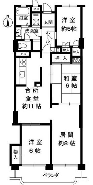 グランドハイツ甲陽園(3LDK/4階)の間取り写真