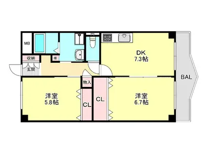 ラシュレウエスト六甲(2DK/4階)の間取り写真