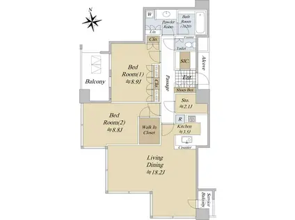 シティタワー西梅田(2LDK/34階)の間取り写真