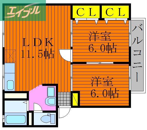 シャンポールききょう B棟(2LDK/2階)の間取り写真