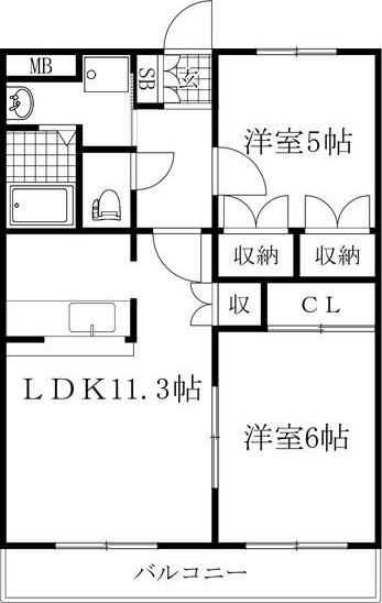 シャングリラ壱番館(2LDK/2階)の間取り写真