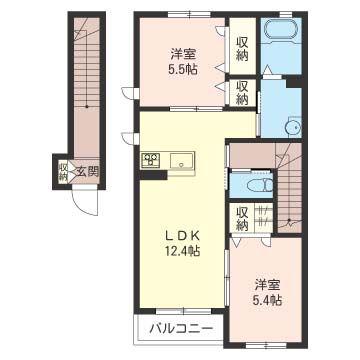 ソレイユ・ルヴァン B棟(2LDK/2階)の間取り写真