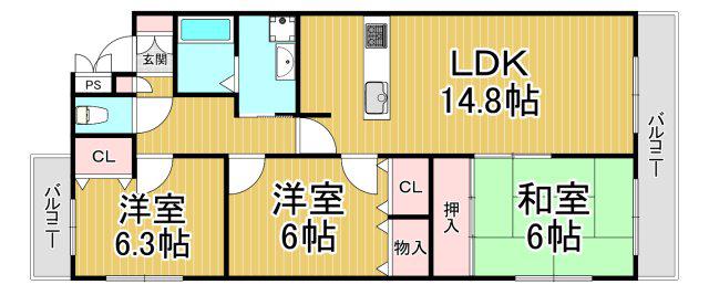 レグリス甲東園ウエスト(3LDK/1階)の間取り写真