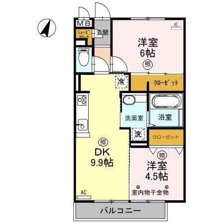ロイジェントパークス レイクタウン B(2LDK/2階)の間取り写真