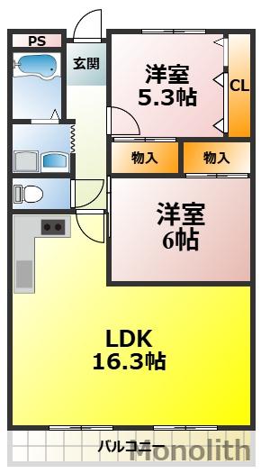 グローリー北豊中(2LDK/2階)の間取り写真