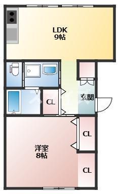 大口里 1LDK オートロック(1LDK/1階)の間取り写真