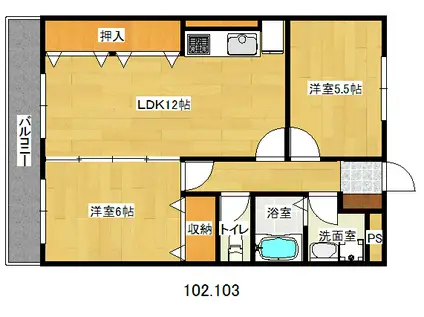 ゆみーるコーポ真舟(2LDK/3階)の間取り写真