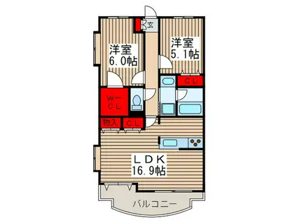 グランベルデ北原台(2LDK/4階)の間取り写真