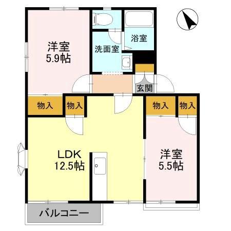 ライフタウニーB街区6号棟(2LDK/2階)の間取り写真