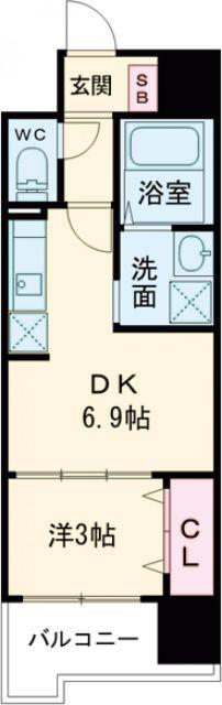 S-RESIDENCE六ツ門ABRイーストII(1DK/3階)の間取り写真
