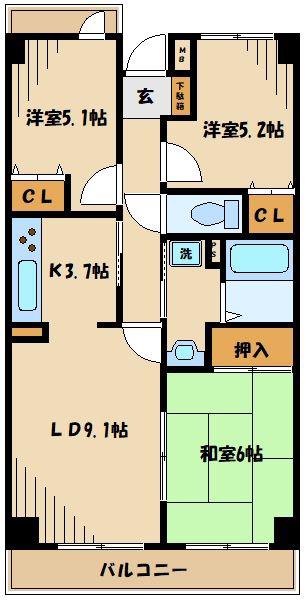 カーラホーチカタノ(3LDK/4階)の間取り写真