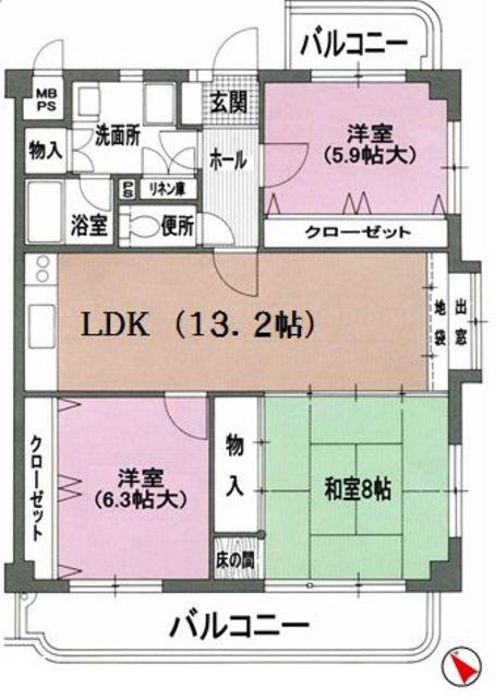 レリアンス・ヴィラ西新(3LDK/3階)の間取り写真