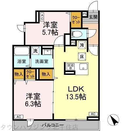 グラナーデ扇II(2LDK/1階)の間取り写真