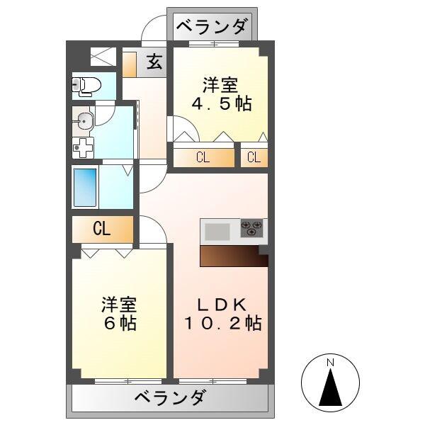 エレガンスみやもと(2LDK/2階)の間取り写真