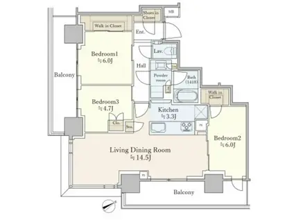 アトラスタワー五反田(3LDK/19階)の間取り写真