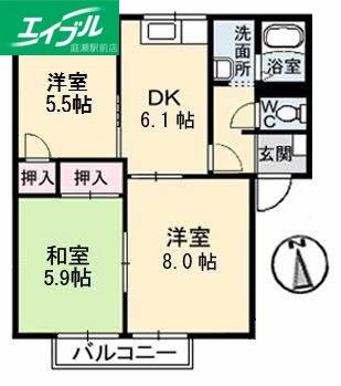ルボアール21B棟(3DK/2階)の間取り写真