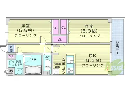 グランデュール3(2DK/1階)の間取り写真