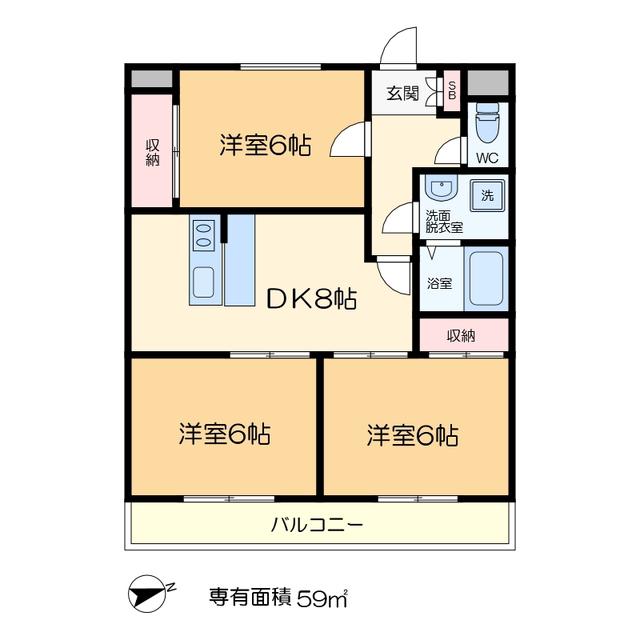 竹石ハイツ1号館(3DK/2階)の間取り写真