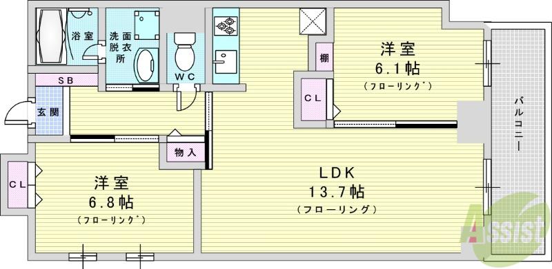 PARKHILLS新大阪OASIS(2LDK/7階)の間取り写真