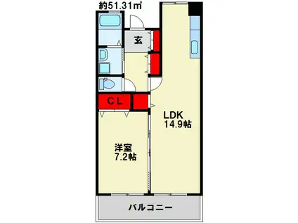 クラシオン木町 22棟(1LDK/14階)の間取り写真