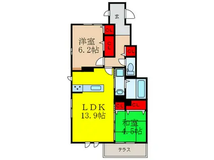 グランチュイールB棟(2LDK/1階)の間取り写真